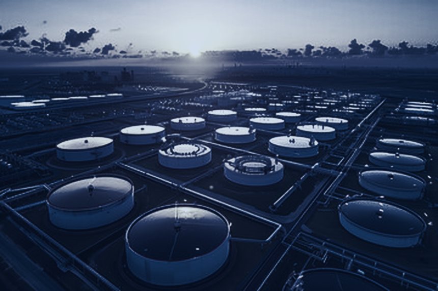 Refined products storage at sunset